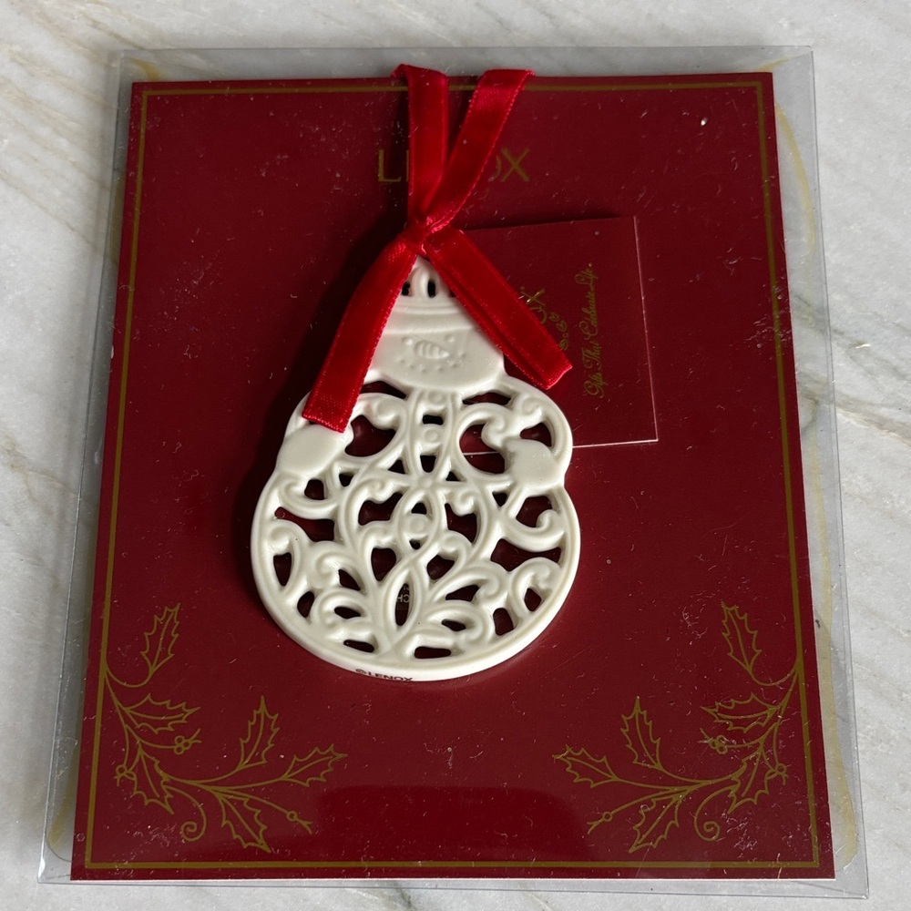 Lenox Bone China Snowman Holiday Ornament with Red Ribbon